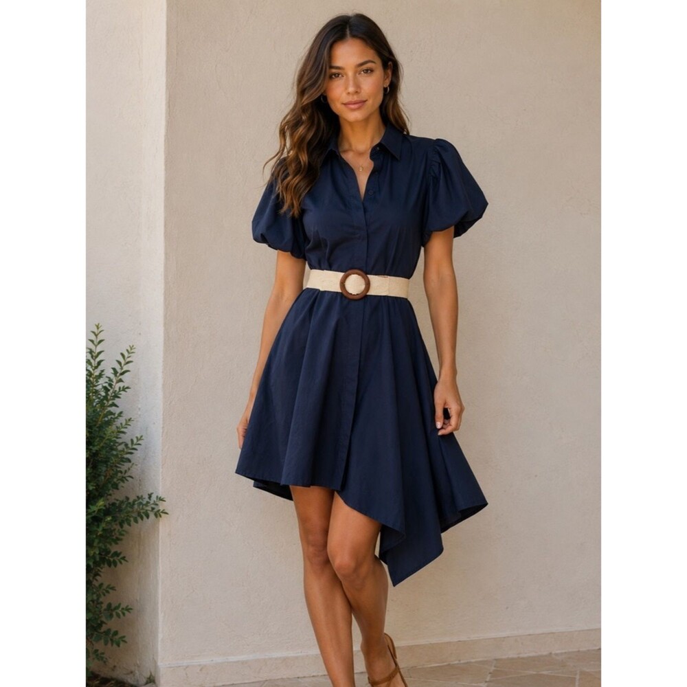 Navy Puff Sleeve Shirt Dress Belted Asymmetrical Hem Casual Chic Medium